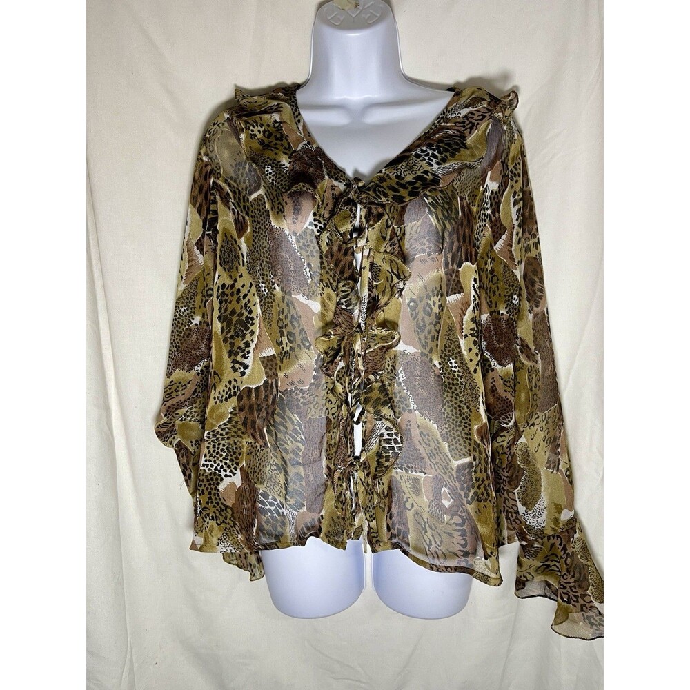 Vintage Claudia Richard Sheer Leopard Print Ruffle Blouse Large Y2K Fairycore